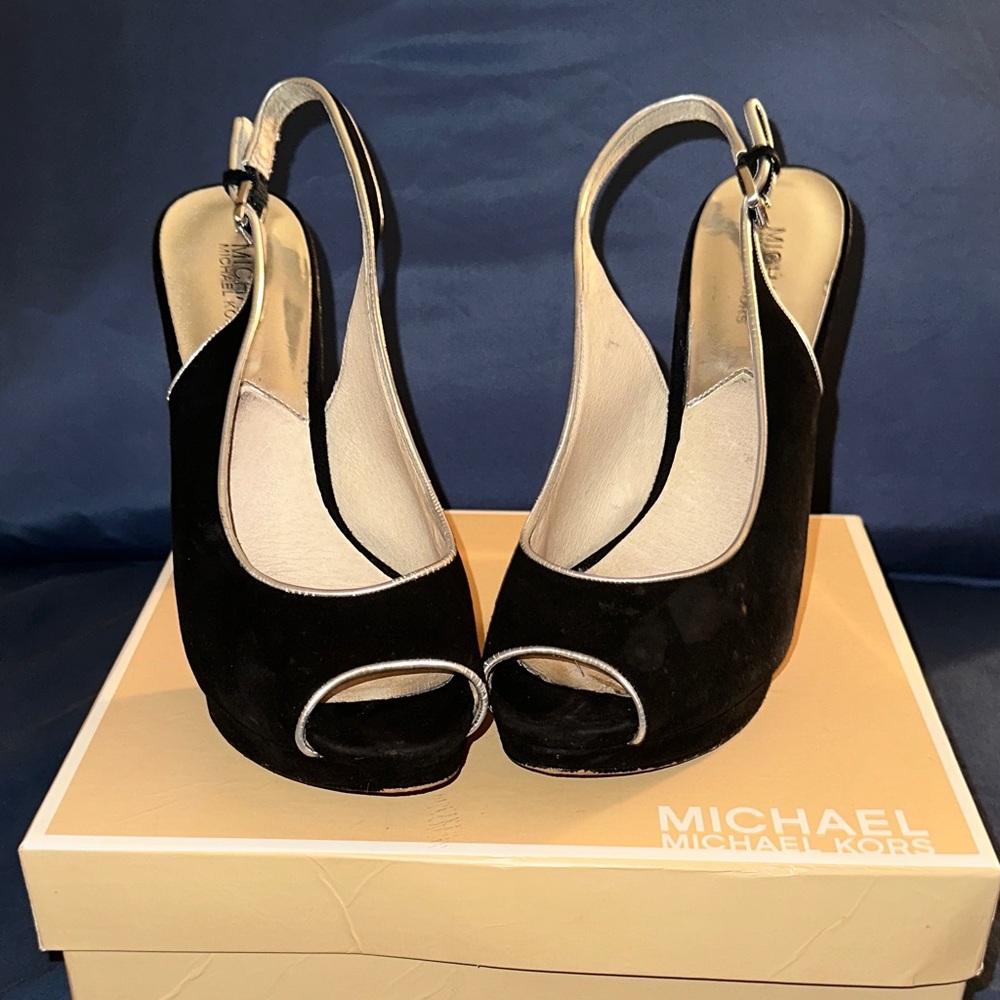Michael Kors Black and Silver Peep Toe Heels